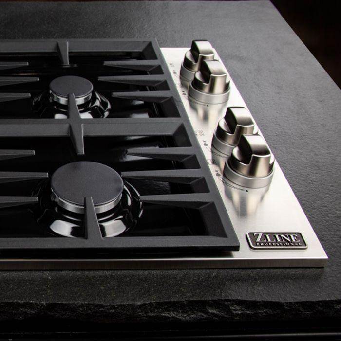 30'' Dropin Cooktop with 4 Gas Brass Burners and Black Porcelain Top