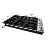 36'' Dropin Cooktop with 6 Gas Brass Burners and Black Porcelain Top