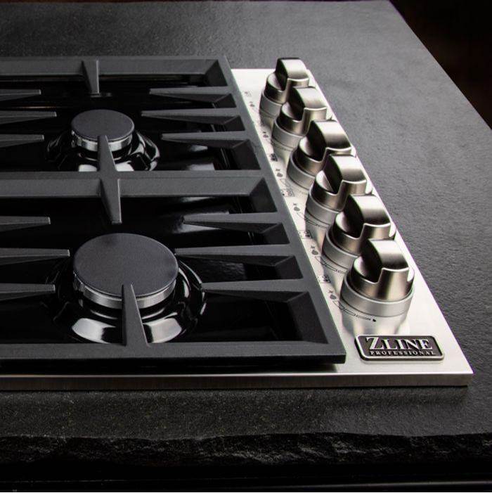 36'' Dropin Cooktop with 6 Gas Brass Burners and Black Porcelain Top