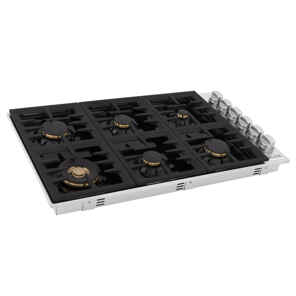 36'' Dropin Cooktop with 6 Gas Brass Burners and Black Porcelain Top