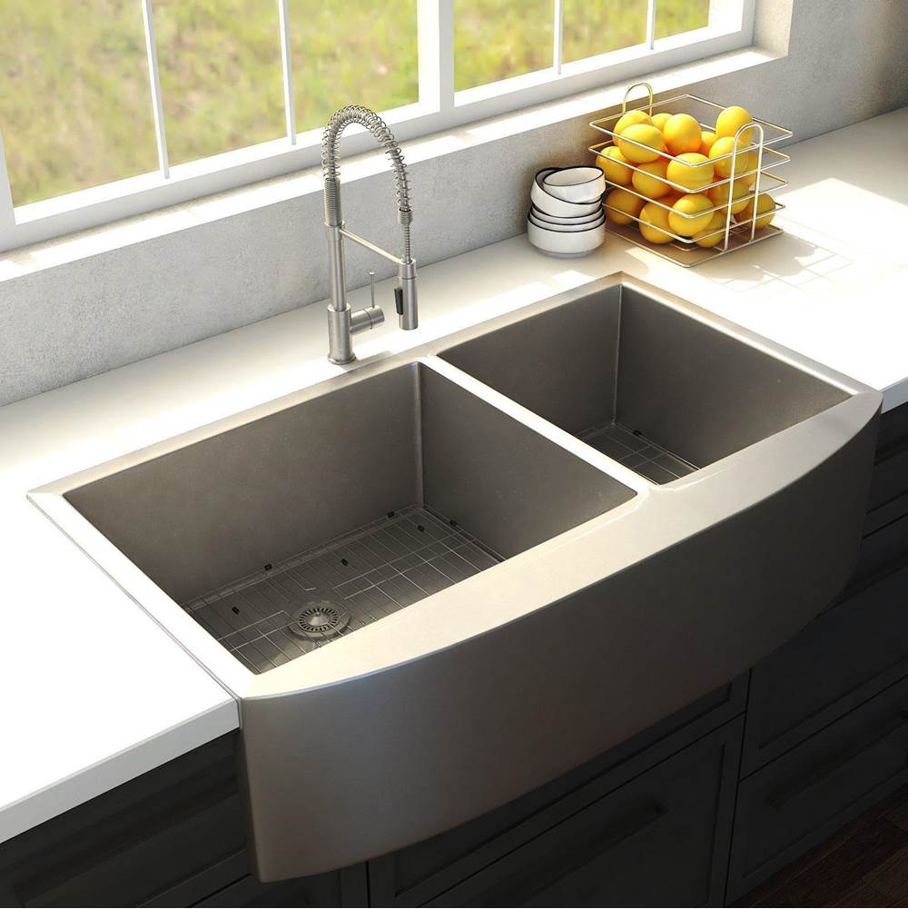 Niseko Farmhouse 36'' Apron Mount Double Bowl Sink in Stainless Steel