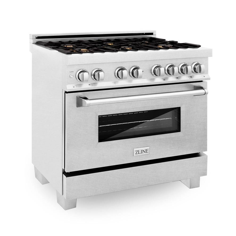 Z-Line - 36'' Professional 4.6 cu.' 6 Dual Fuel Range in DuraSnow Stainless Steel with Brass Burners - DuraSnow Stainless Steel,Brass
