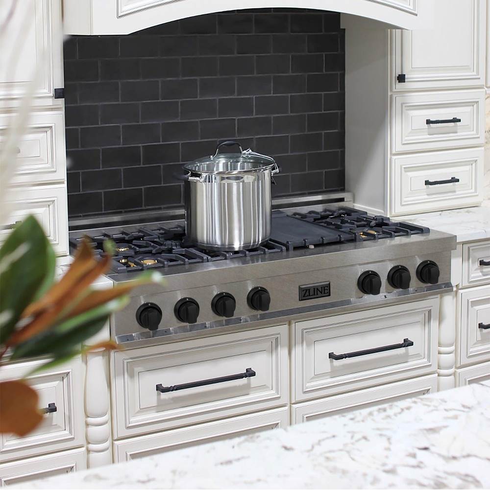 Autograph Edition 48'' Porcelain Rangetop with 7 Gas Burners in DuraSnow Stainless Steel and Champagne Bronze Accents