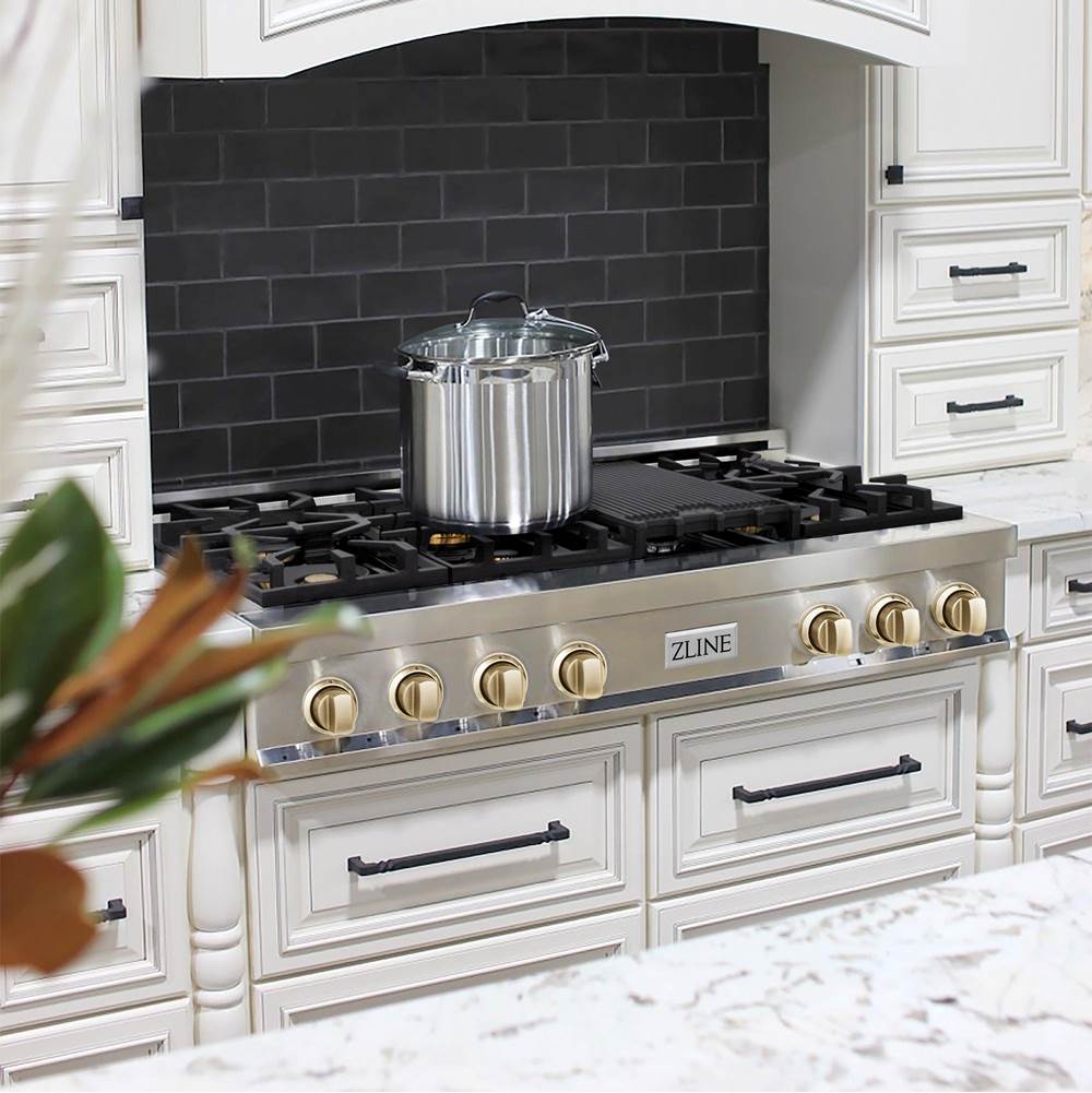 Autograph Edition 48'' Porcelain Rangetop with 7 Gas Burners in Stainless Steel and Champagne Bronze Accents