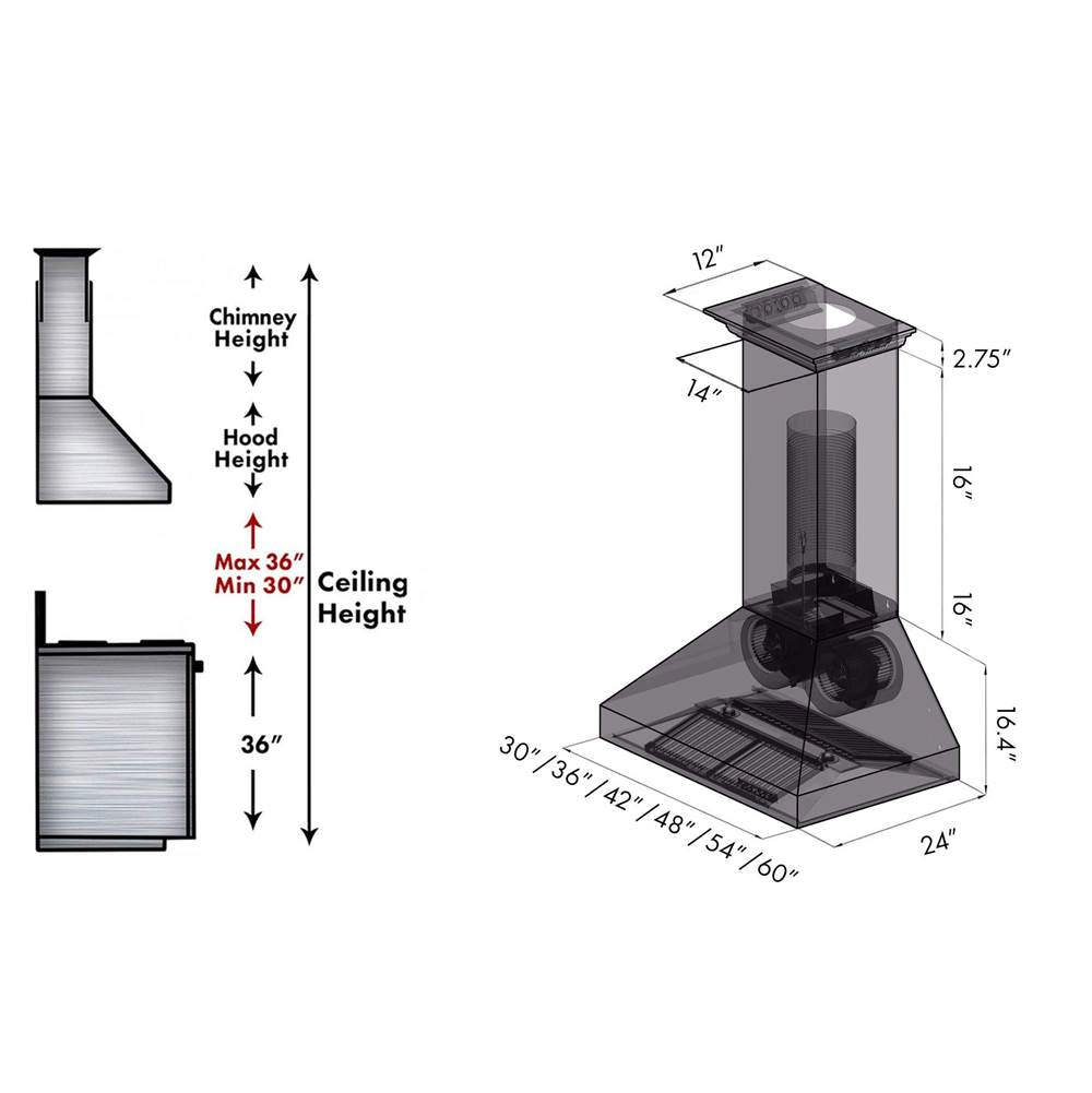 60'' Professional Wall Mount Range Hood in Stainless Steel with Built-in CrownSound Bluetooth Speakers