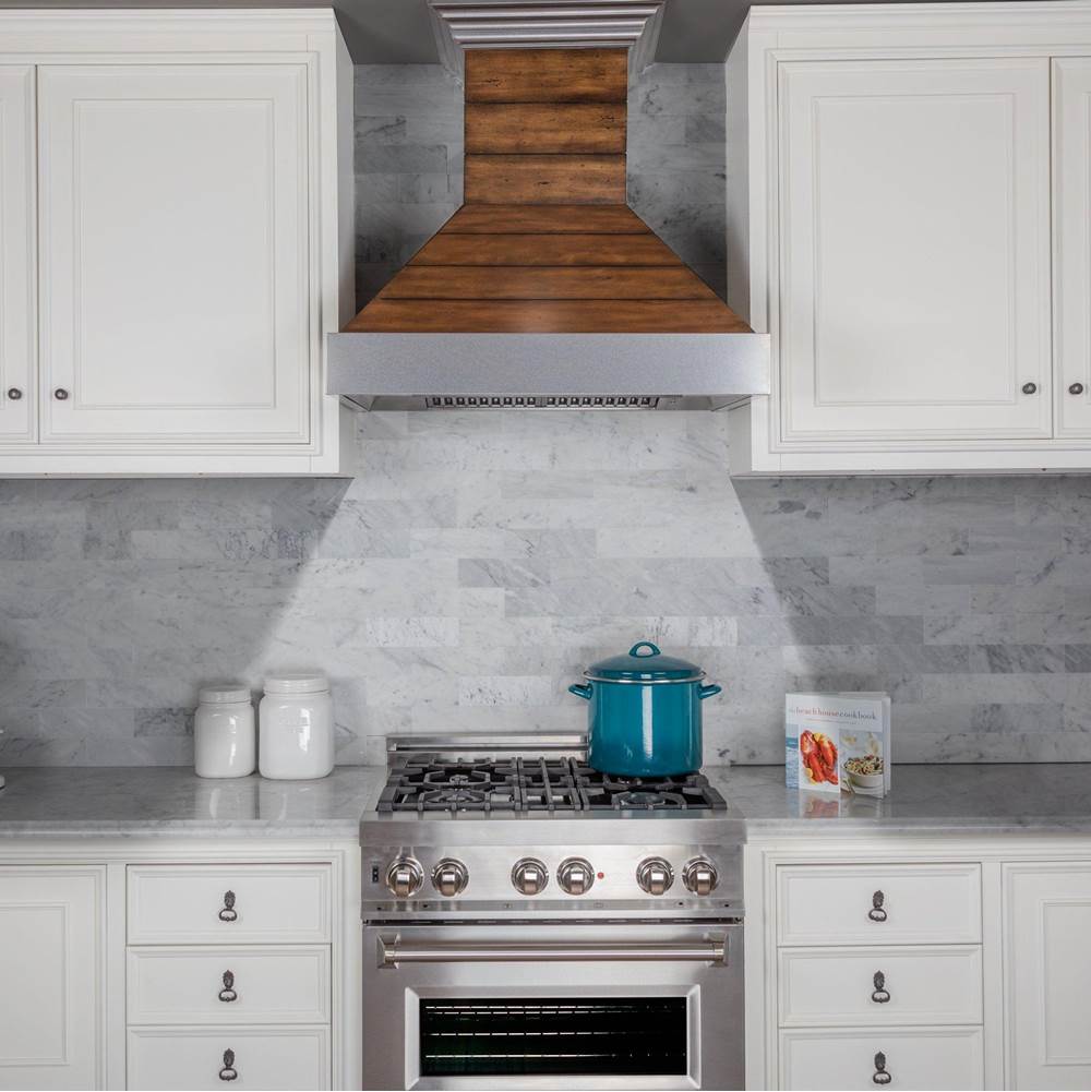 36'' Shiplap Wooden Wall Range Hood with Stainless Steel Accent - Includes Motor
