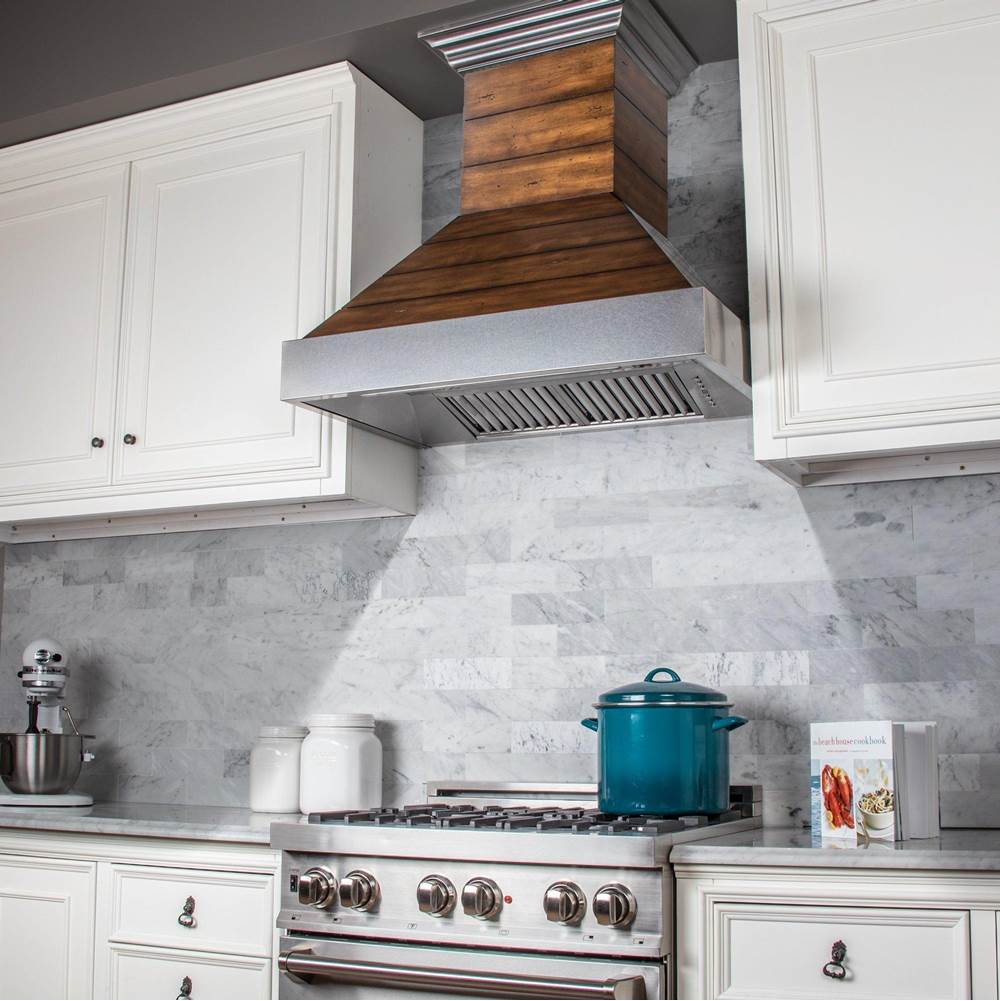 36'' Shiplap Wooden Wall Range Hood with Stainless Steel Accent - Includes Motor