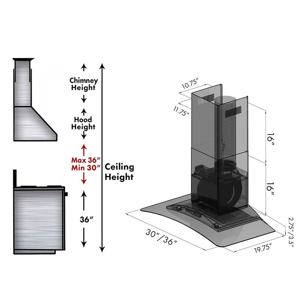 36'' Wall Mount Range Hood in Stainless Steel & Glass with Crown Molding