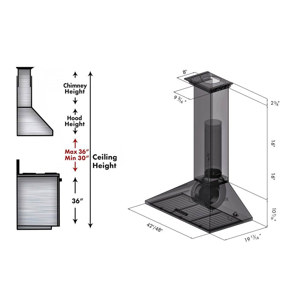 48'' Wall Mount Range Hood in Stainless Steel with Crown Molding