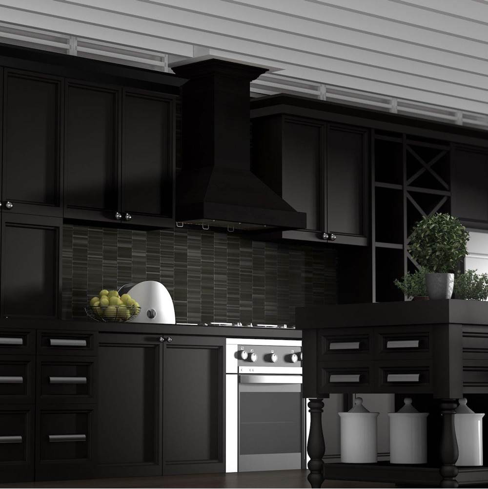 36'' Wooden Wall Mount Range Hood in Black - Includes Motor