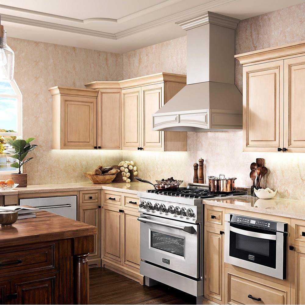 36'' Wooden Wall Mount Range Hood in White - Includes Motor