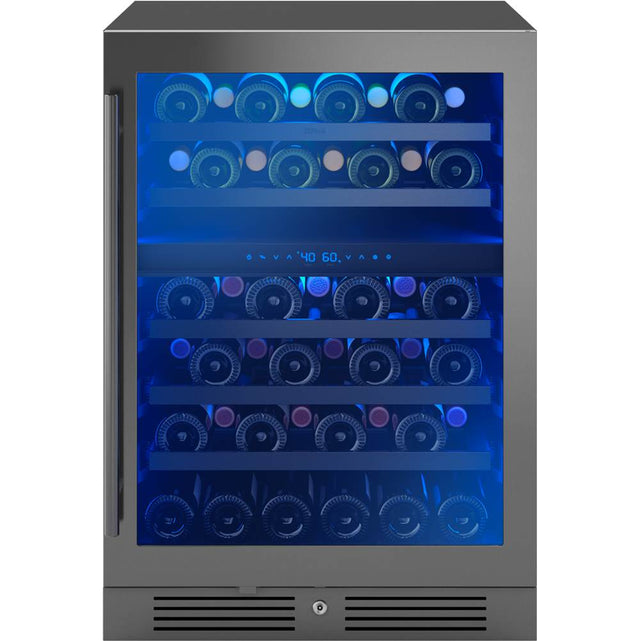 Zephyr - Presrv wine cooler, 24'' compact, blk Stainless Steel and glass, reversible, 2 zones