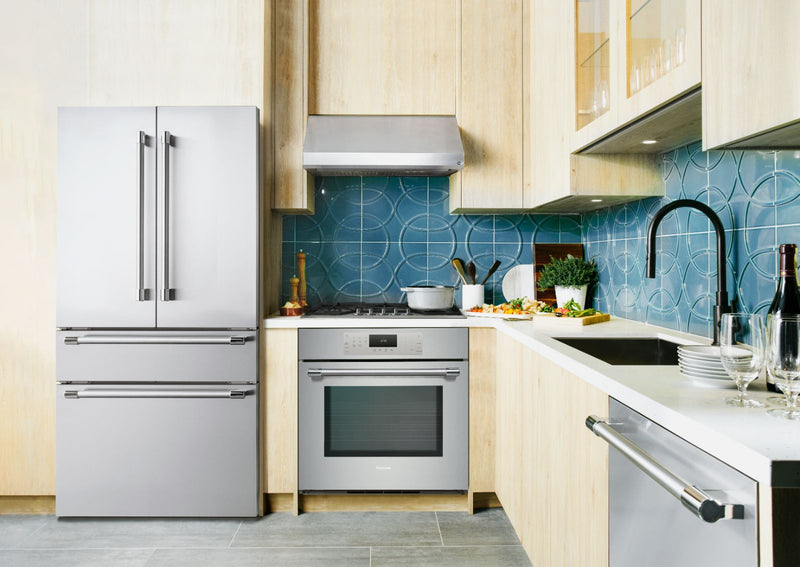 Thermador Kitchen Package With Double Drawer Refrigerator, Range, Hood, and Dishwasher
